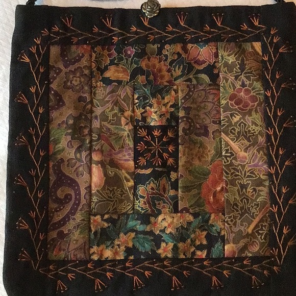 Handmade,Quilt squares and Embroidered,Beaded Crossbody Bag. Boho,Hobo, Quaint - Picture 2 of 7